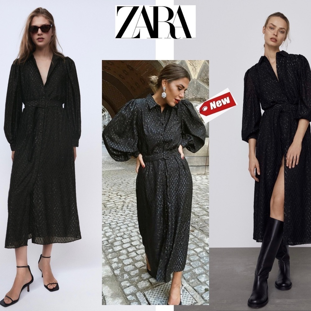 ZARA NWT BLACK LONG BUTTONED BELTED BALLOON SLEEVE DRESS WITH METALLIC THREAD S